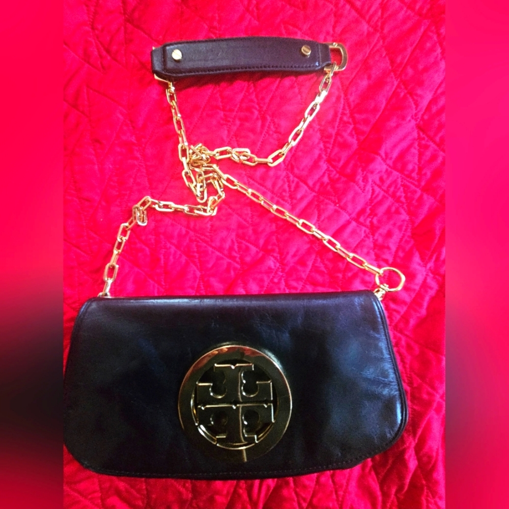 Tory Burch black leather cluch purse with chain strap